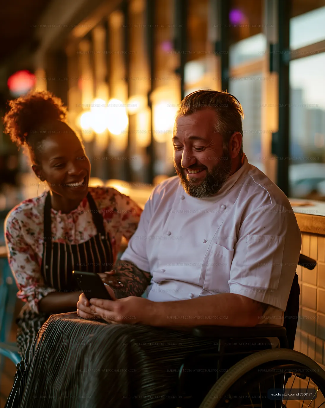 Chef in wheelchair sharing a moment with staff member