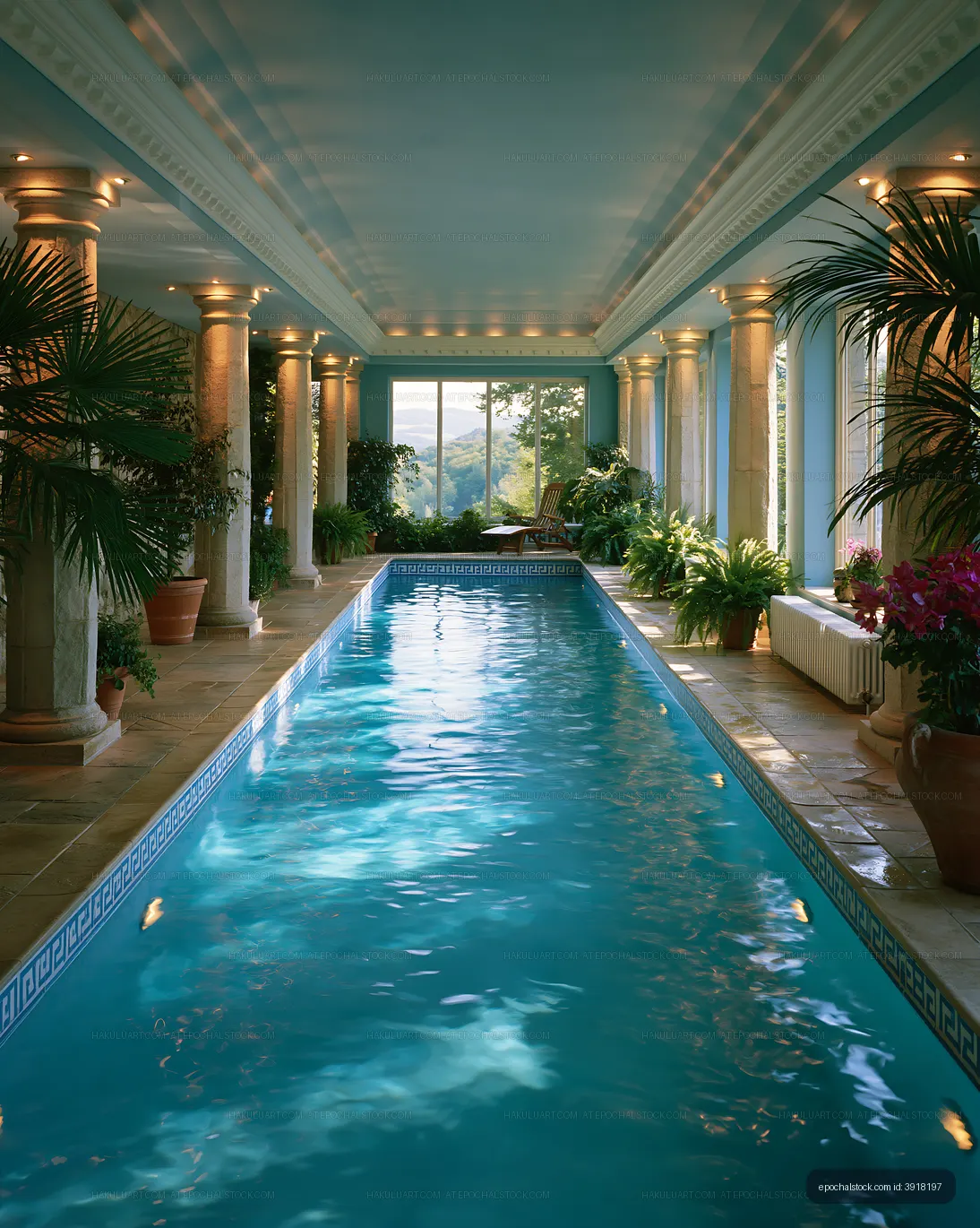 Indoor swimming pool with columns and plants