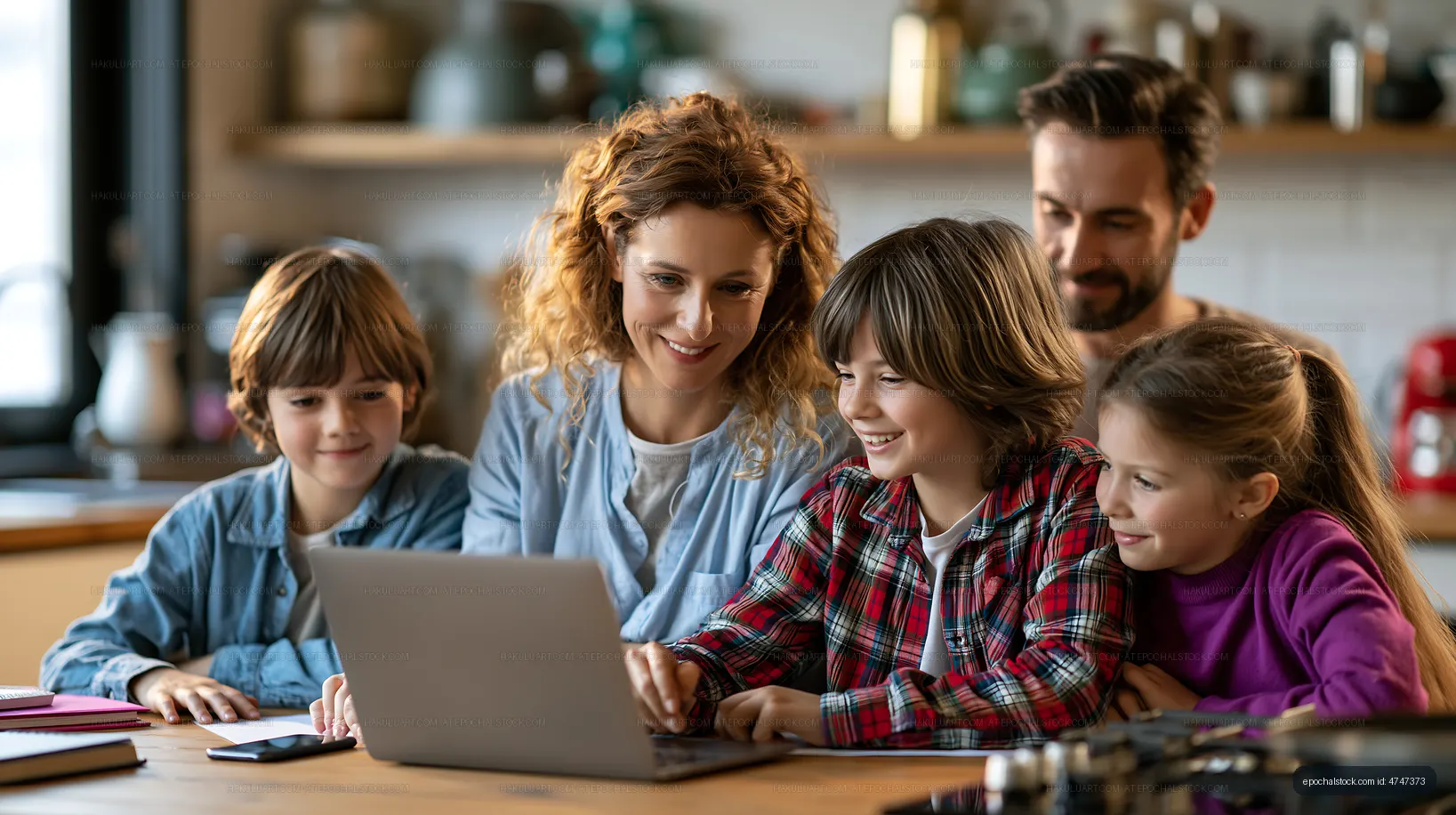 Family gathers around laptop at home for a fun activity