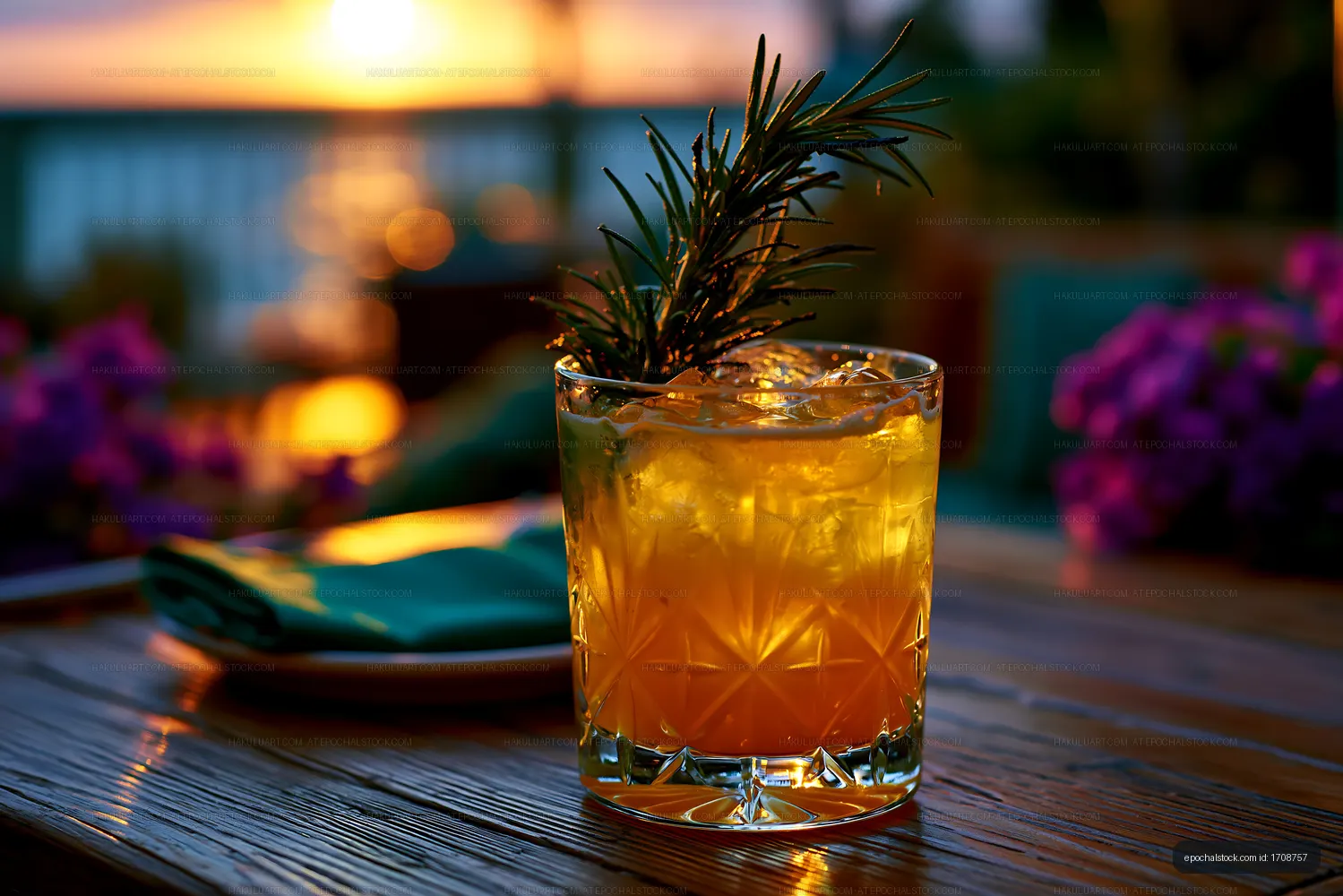 Cocktail with rosemary on wooden table at sunset