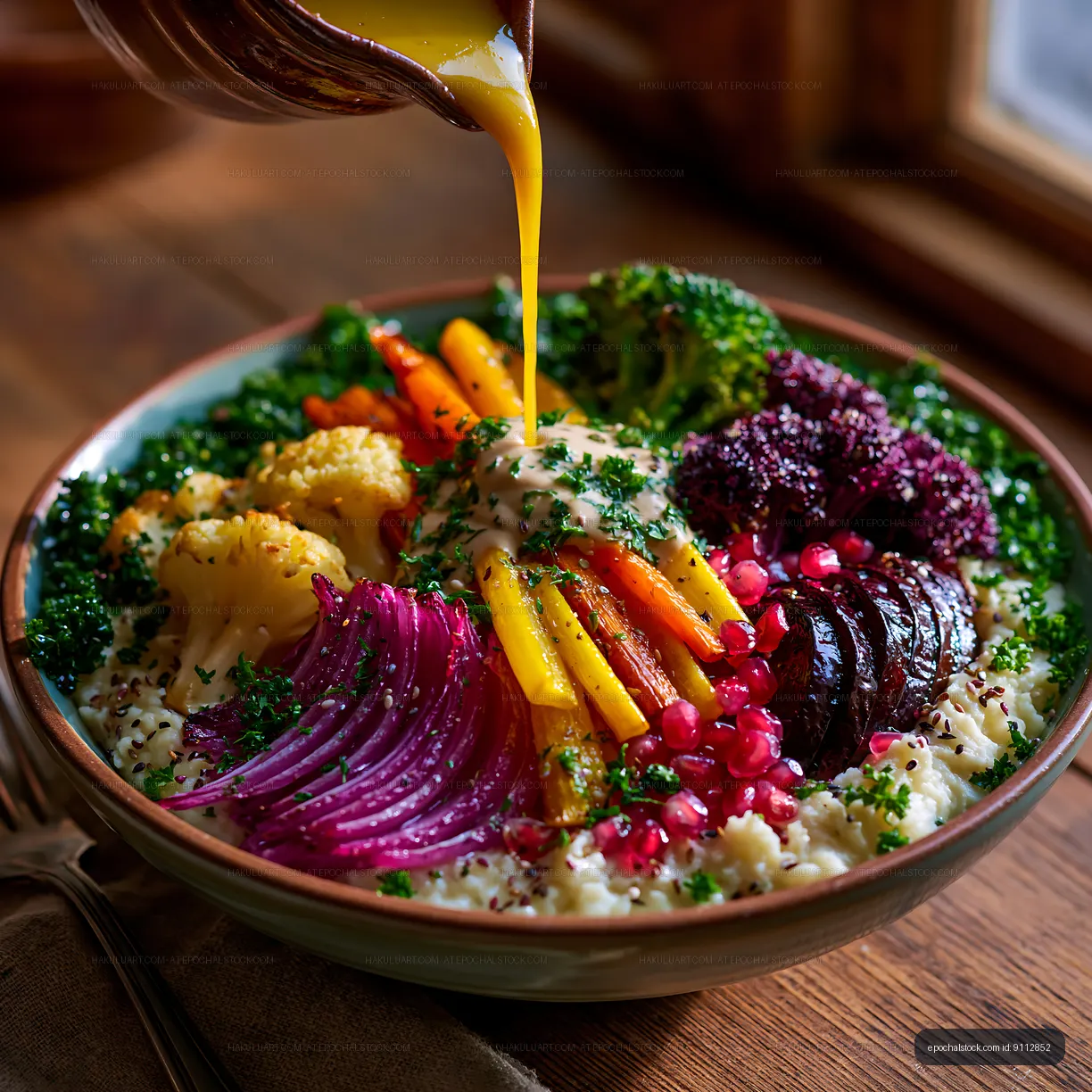 Colorful vegetable bowl with sauce on wooden table