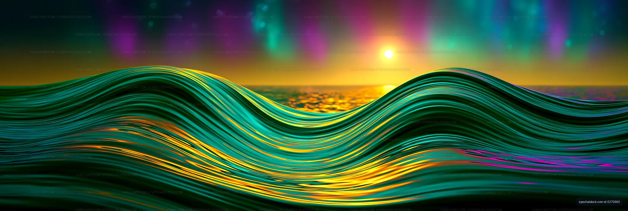 Colorful waves under sunset with northern lights in the background