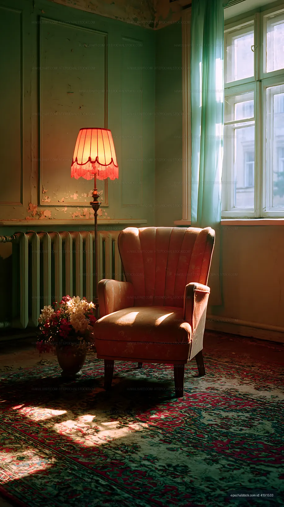 Cozy chair and lamp in a sunlit room
