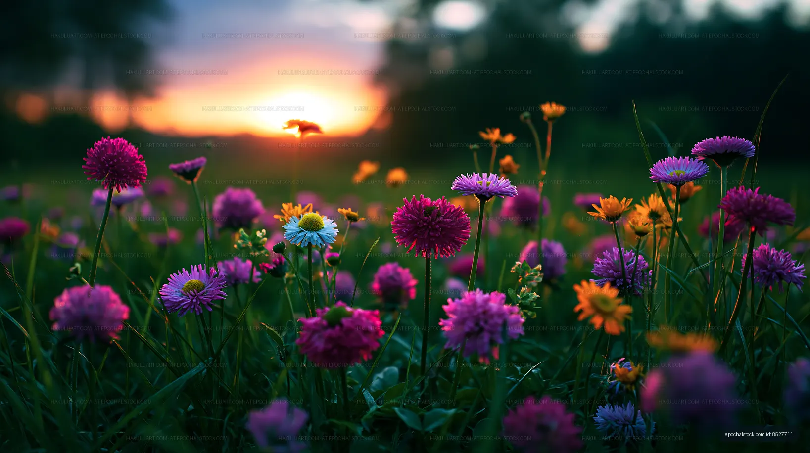 Colorful flowers in a field during sunset