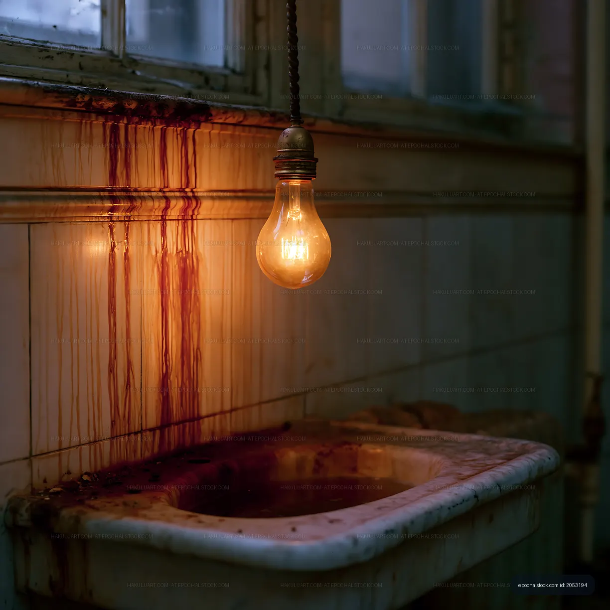 Old light bulb hangs over a sink in a dim, abandoned room