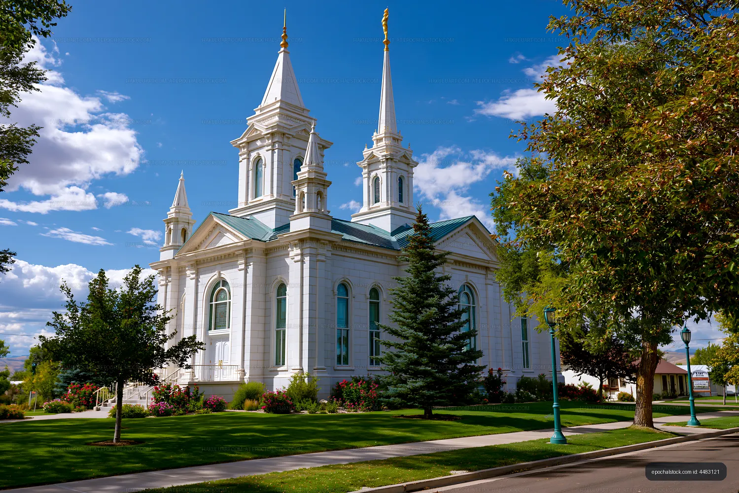 Historic church with tall spires under blue sky and clouds