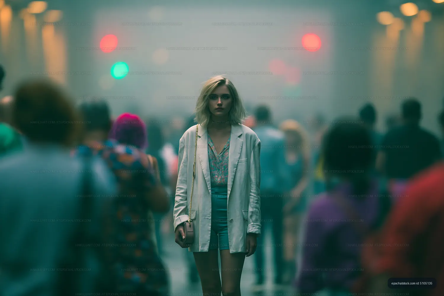 Woman standing alone in crowded street surrounded by people