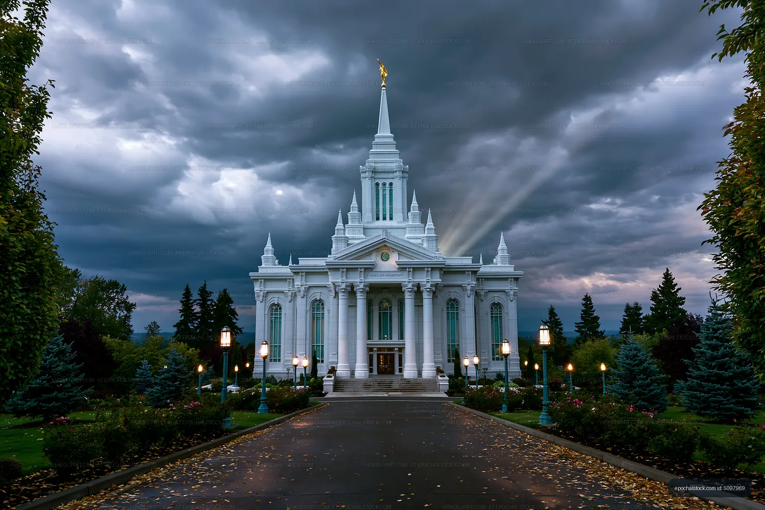 Church building under a cloudy sky with trees in the foreground