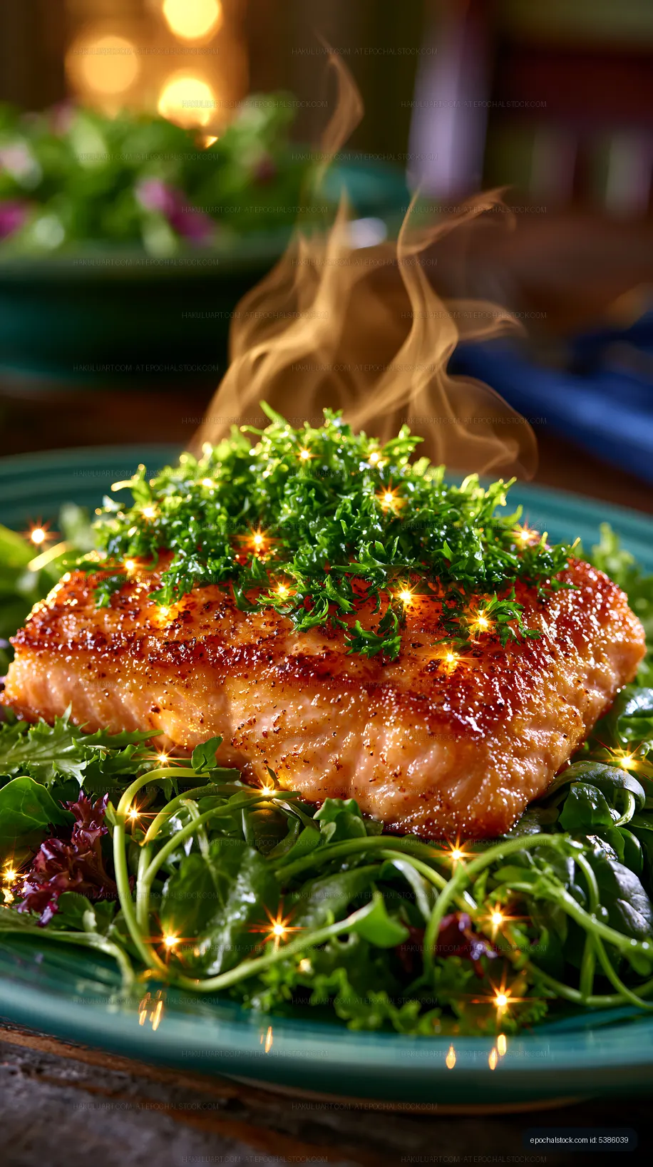 Grilled salmon fillet served on a bed of fresh greens