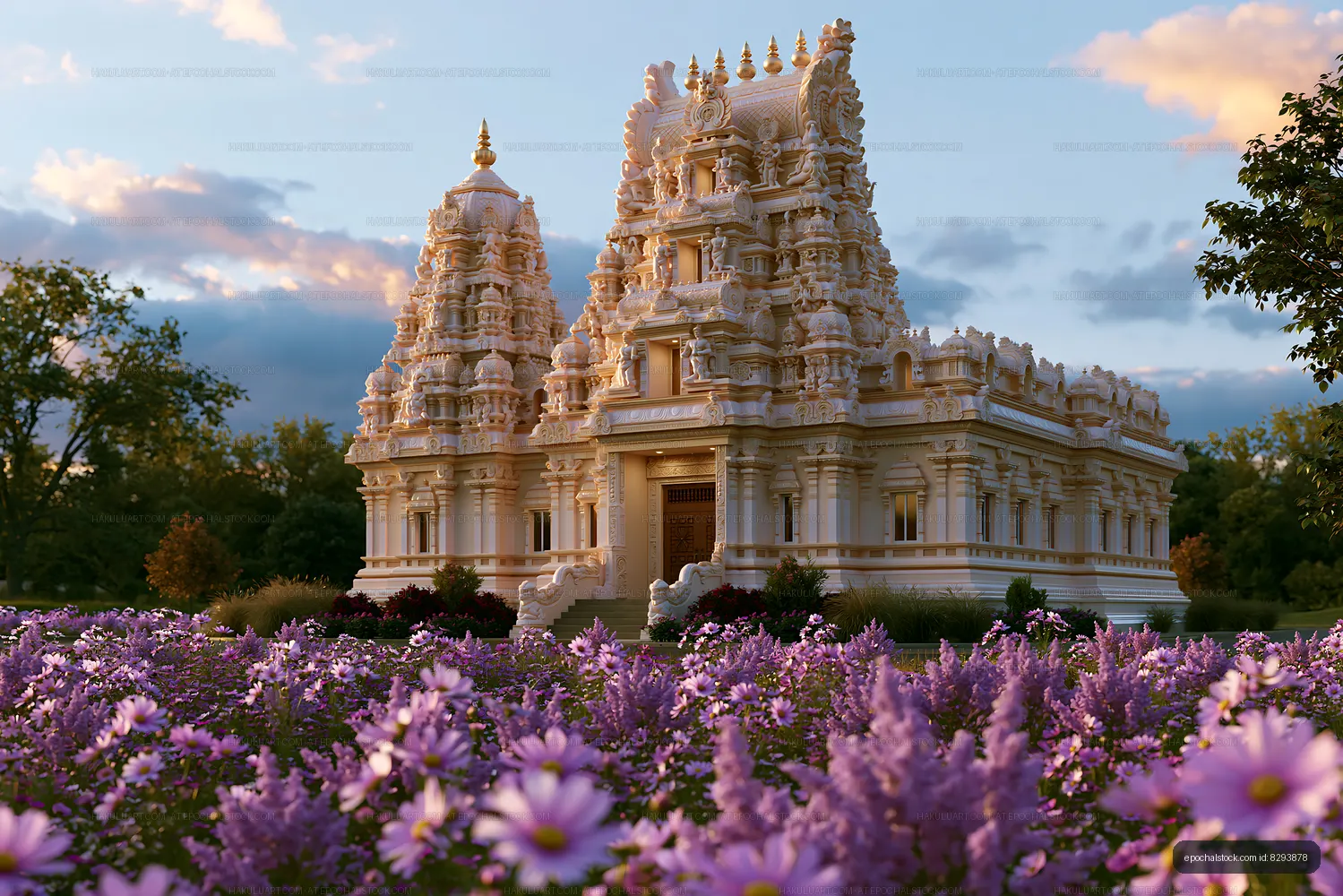 Hindu temple surrounded by flowers in a garden at sunset