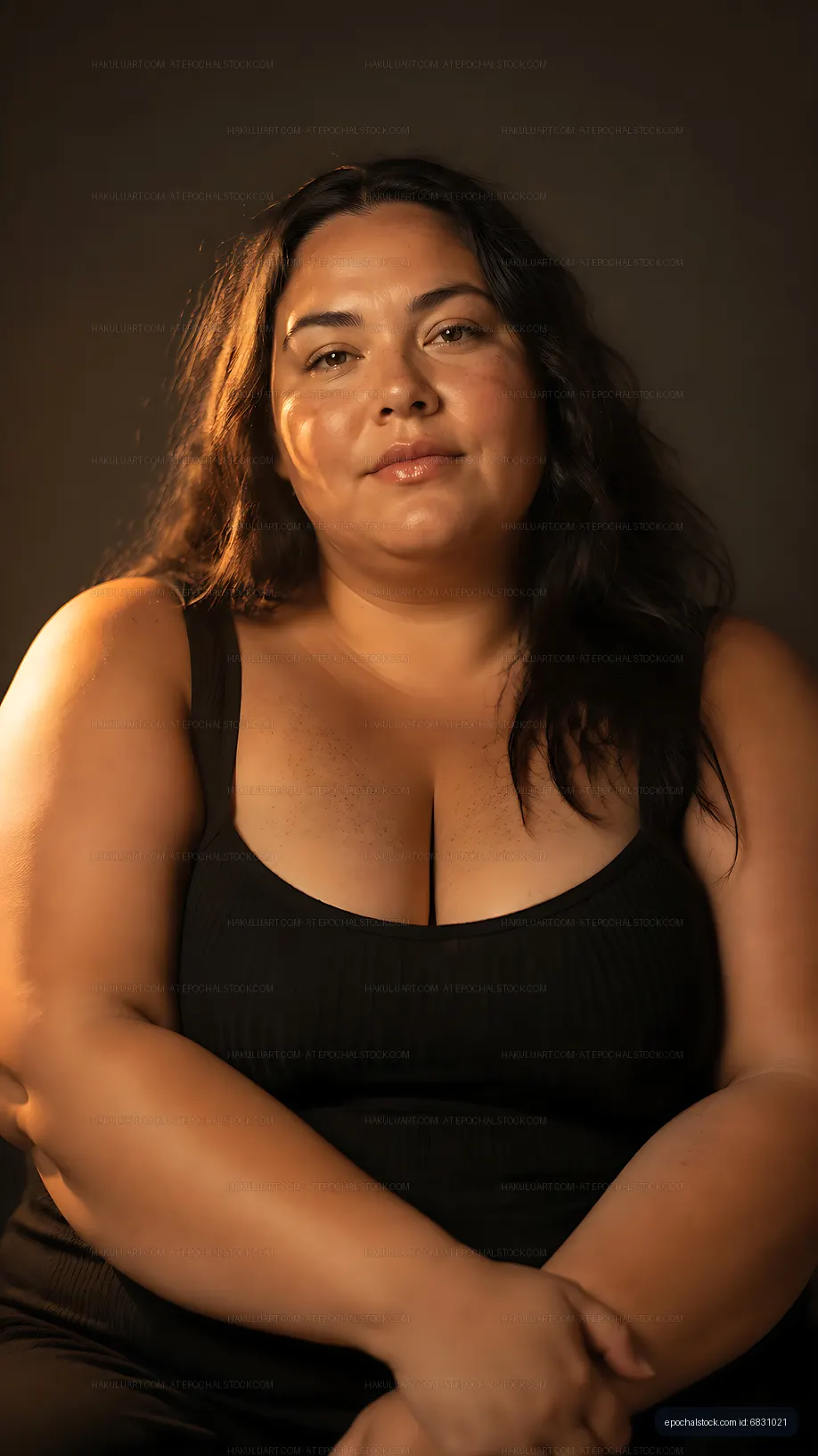 Portrait of a woman with long hair sitting in a dark setting
