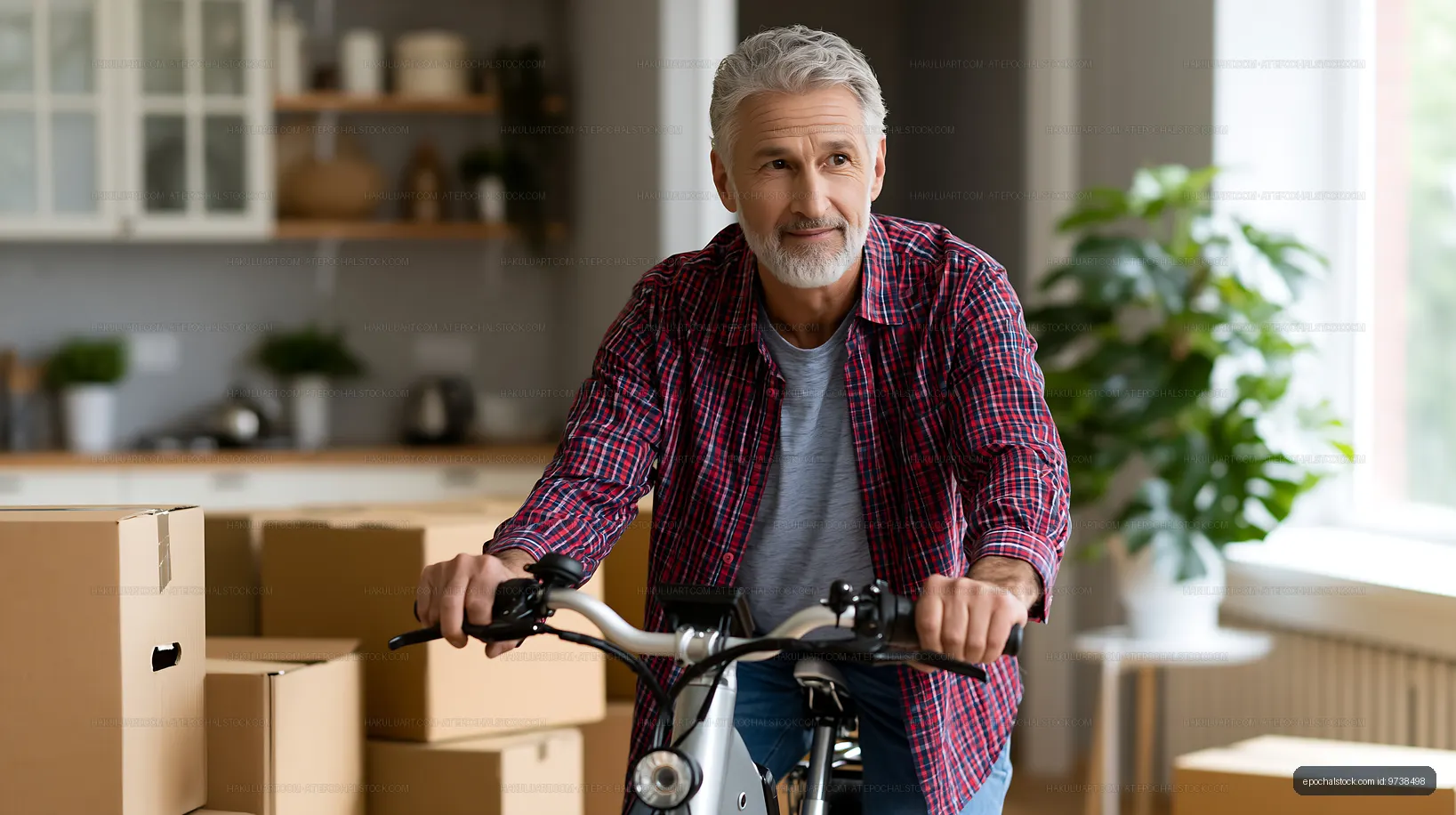 Man riding a bicycle in a room with moving boxes