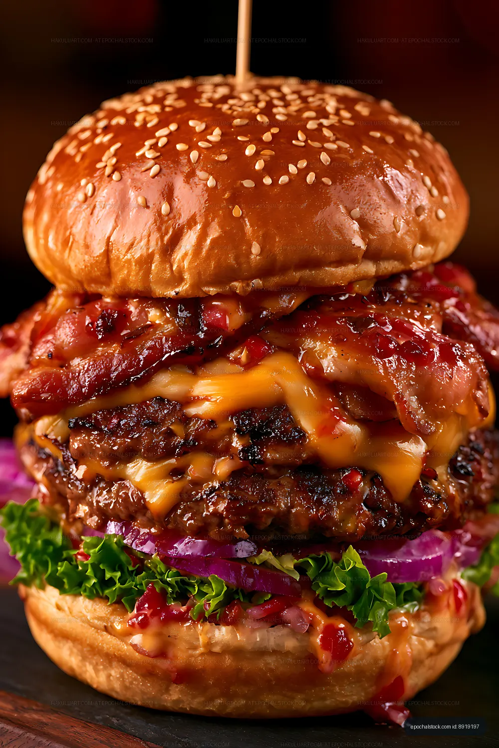 Juicy burger with bacon and cheese on a wooden board