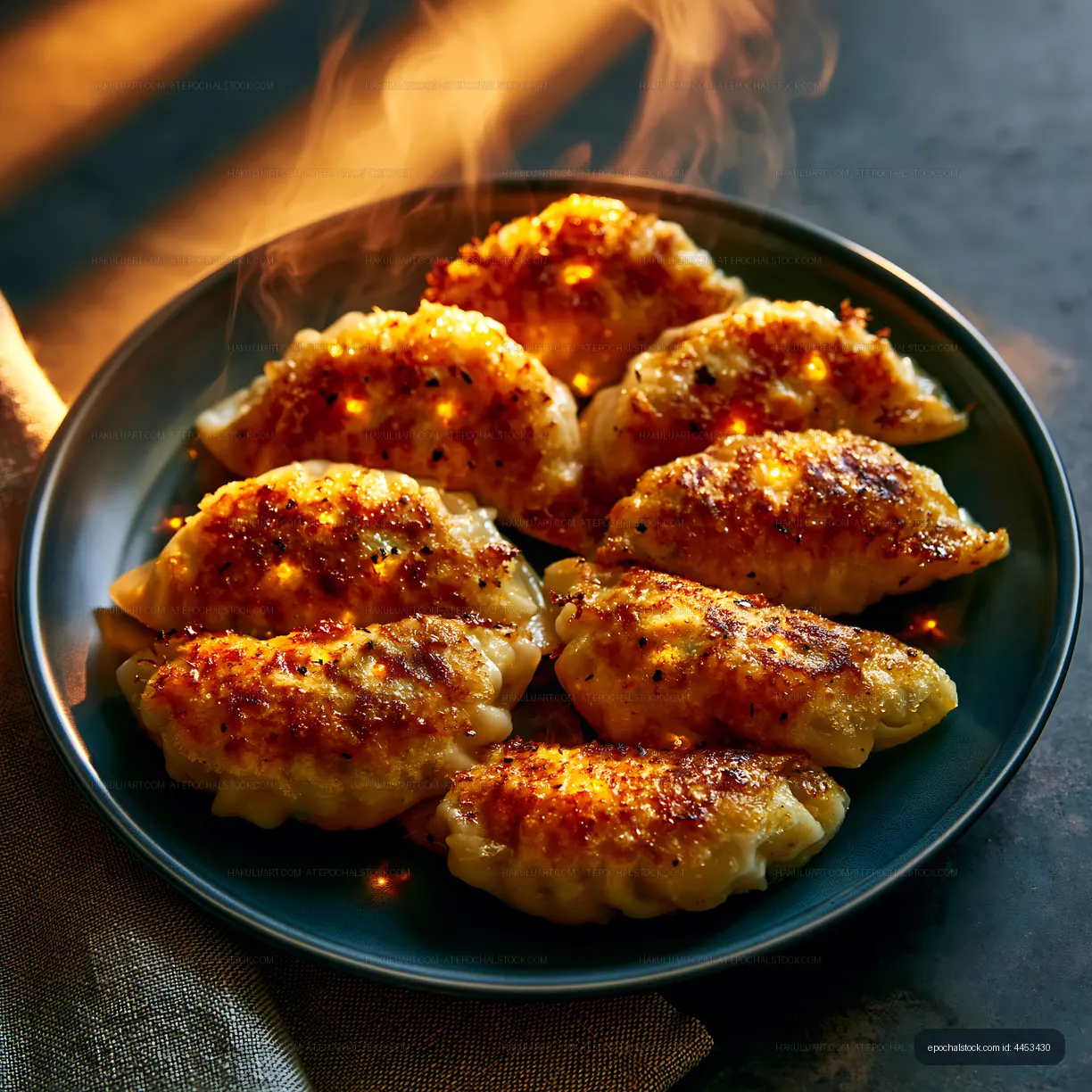Dumplings on a plate with steam in a cozy setting