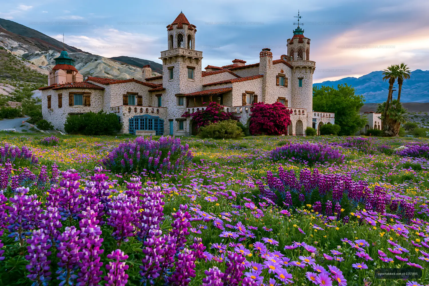 Flowering garden with historic mansion at sunset
