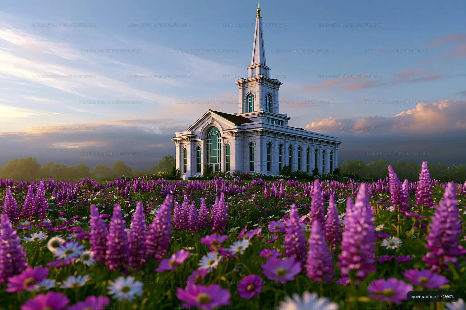 Church surrounded by flowers at sunset in rural area