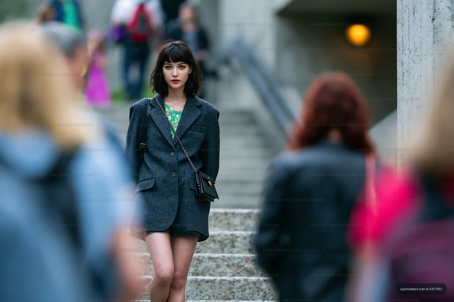 Young woman walking down stairs in a busy urban area