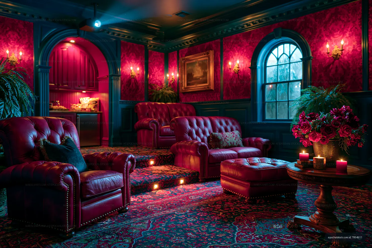 Cozy interior of a vintage style lounge with red decor