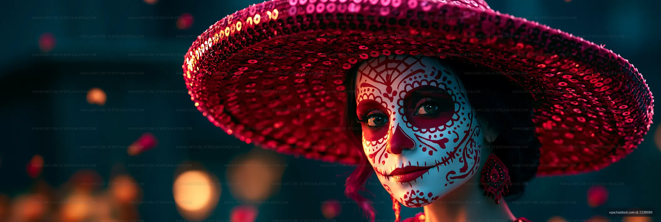 Woman wearing colorful hat and face paint during festival celebration