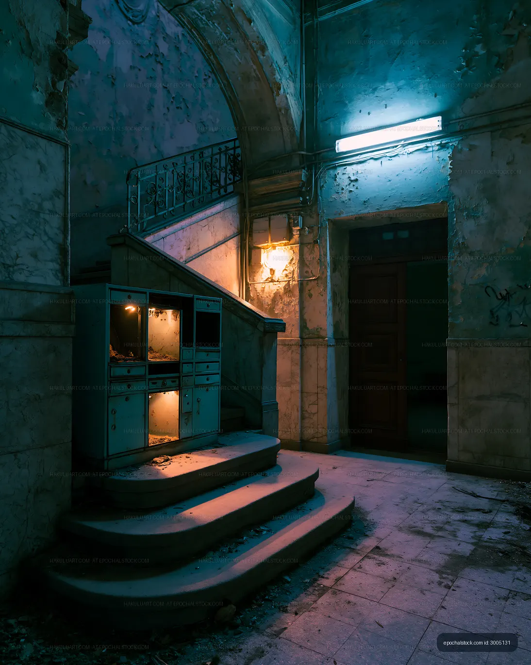 Abandoned building interior with stairs and old lockers