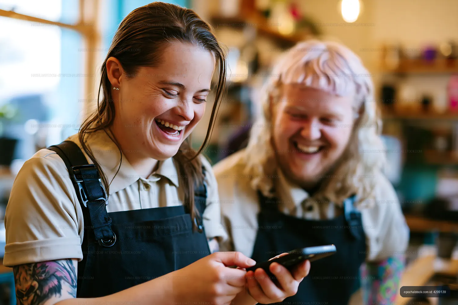 Two baristas smiling and using a smartphone in a café setting