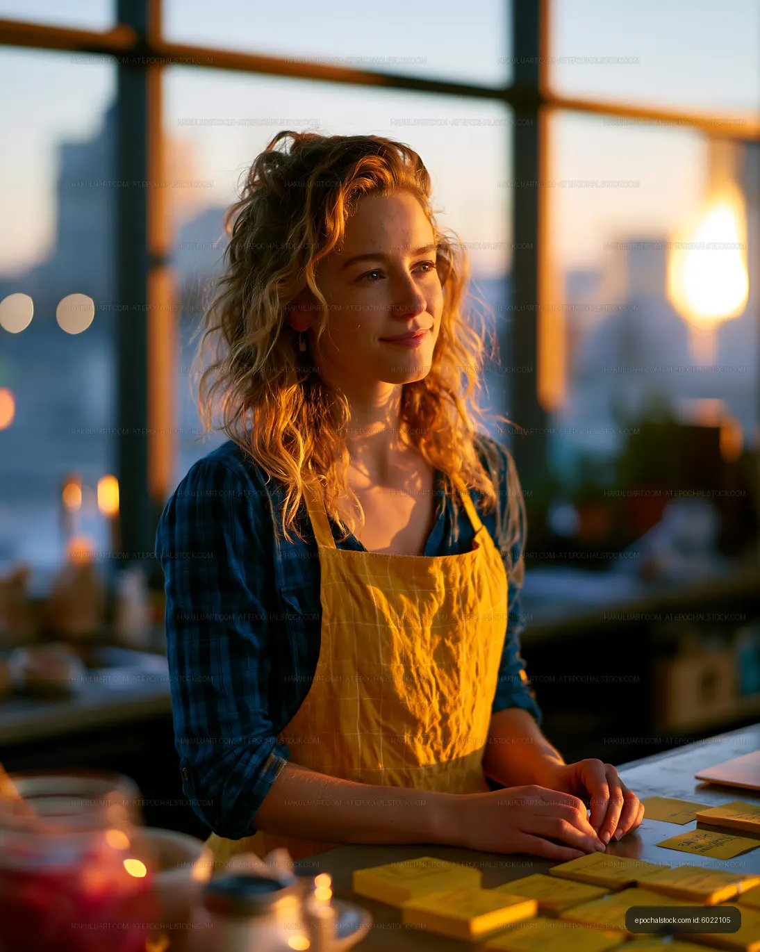 Young woman working at a table with notes during sunset