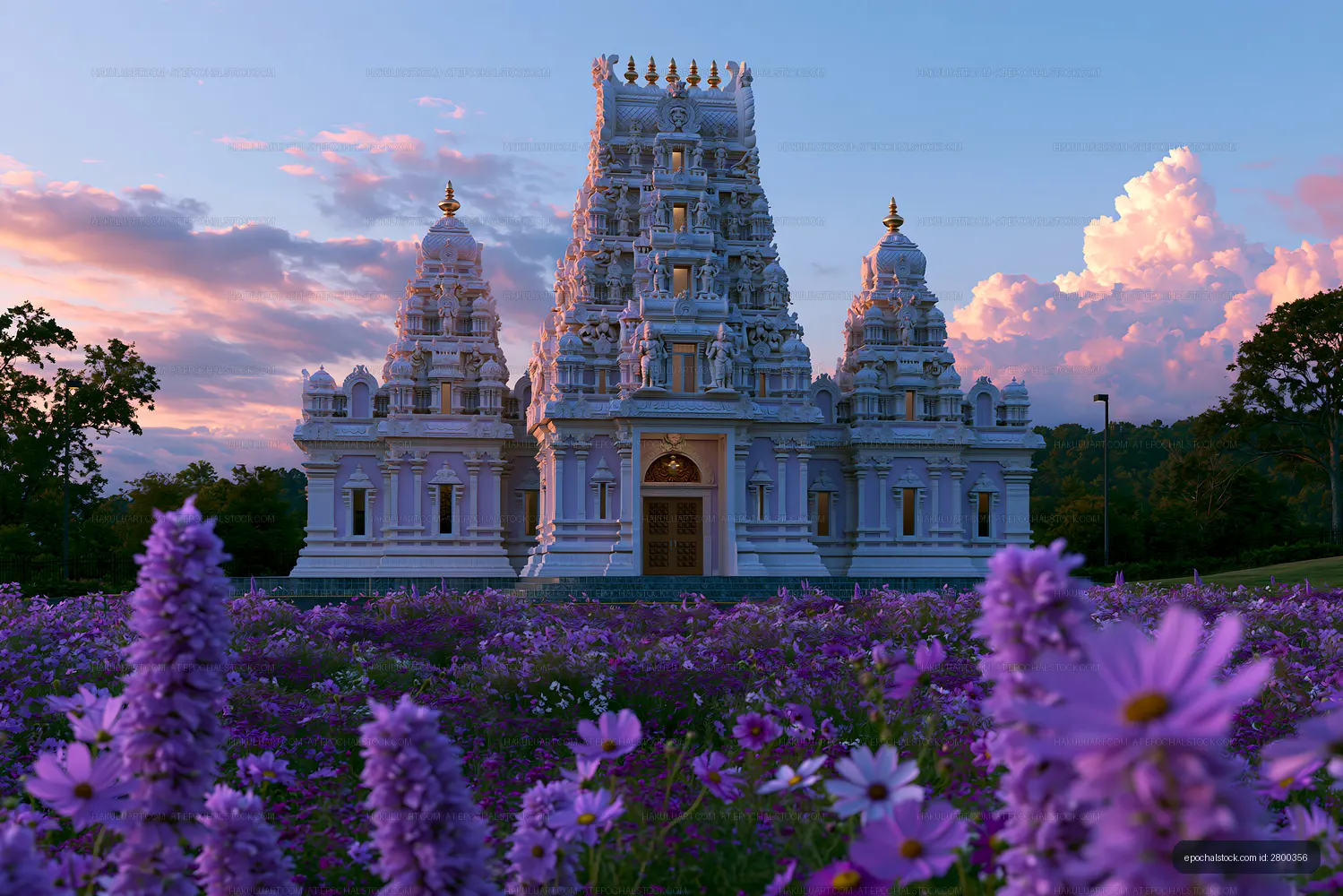 White temple surrounded by flowers at sunset