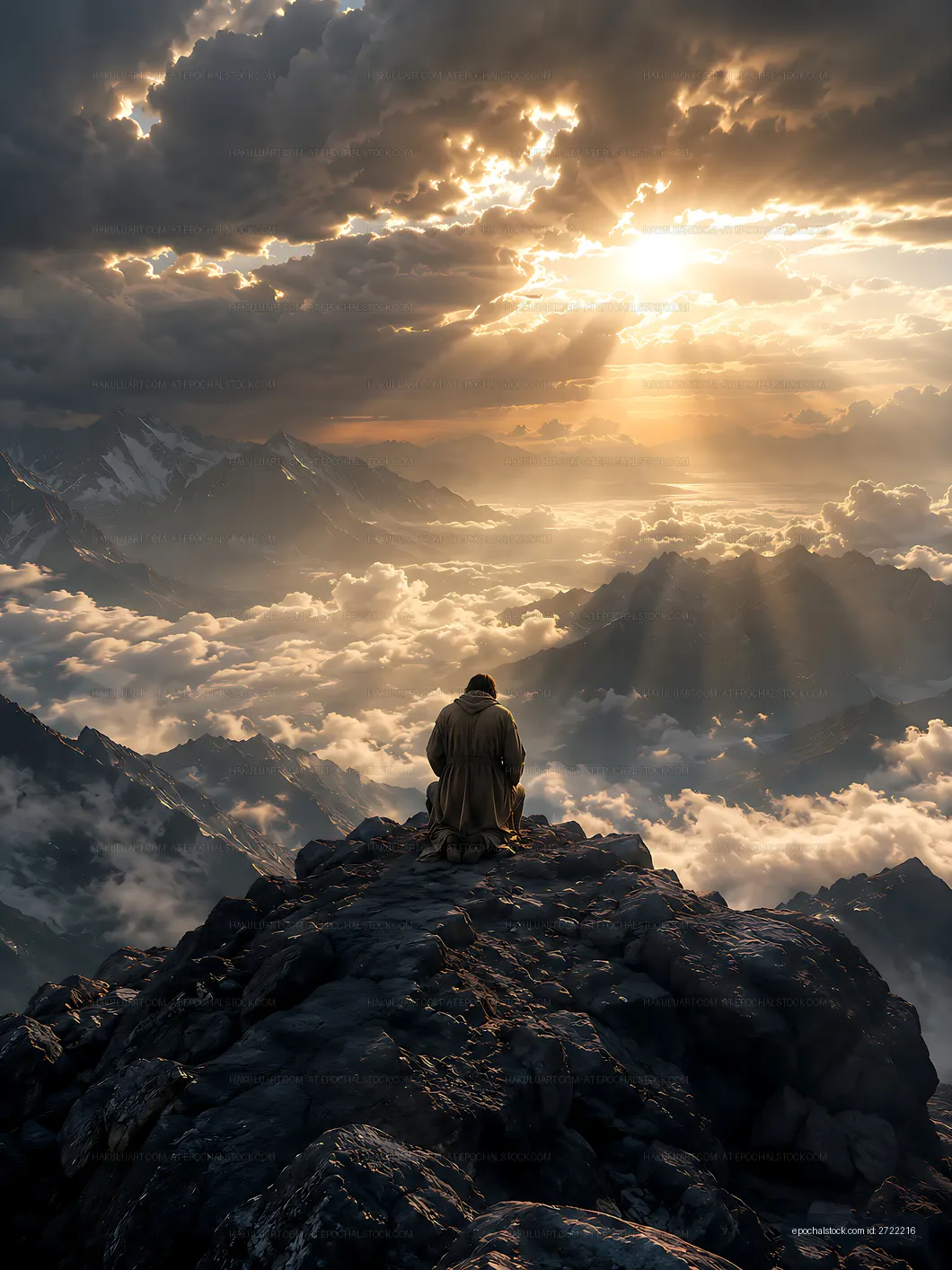 Man sitting on mountain peak observing clouds and sun rays