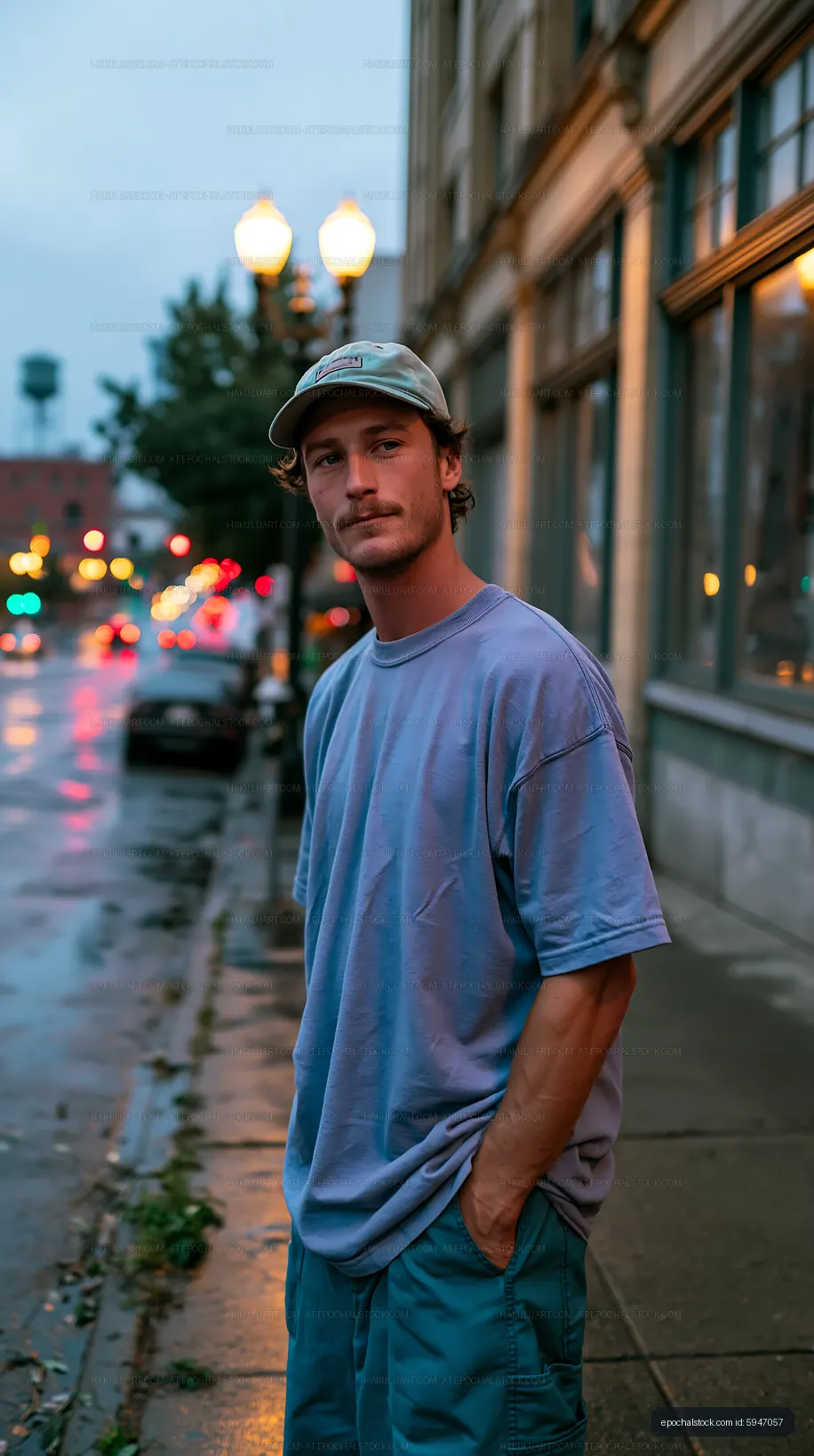 Young man stands on city sidewalk at dusk