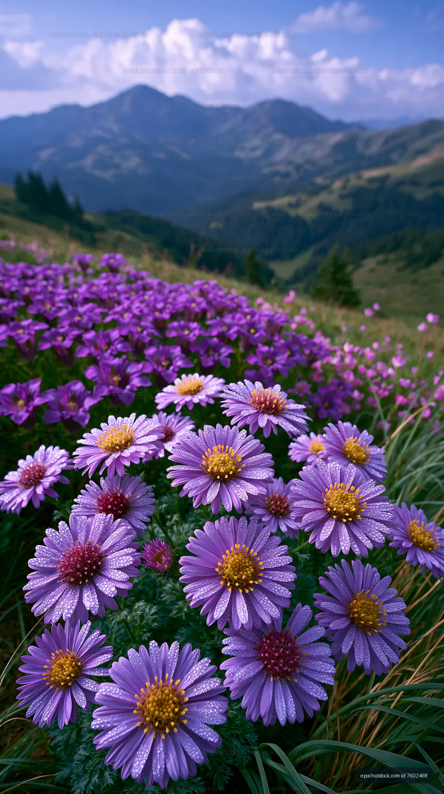 Purple flowers bloom in a lush mountain landscape