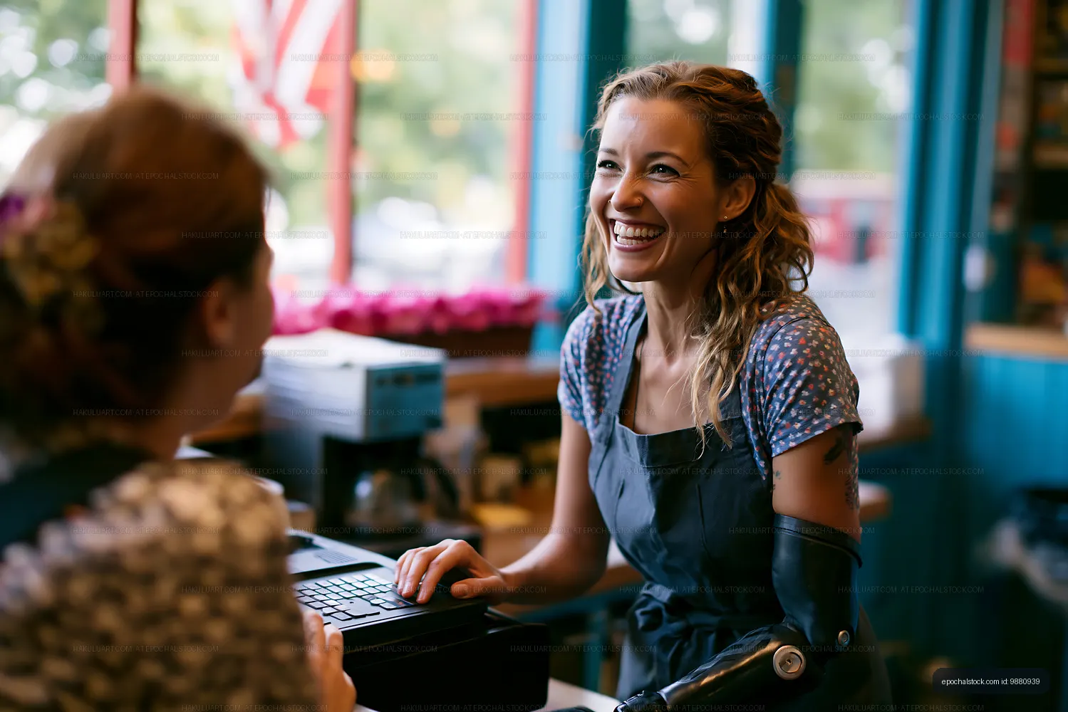 Woman with prosthetic arm smiles while assisting customer at shop