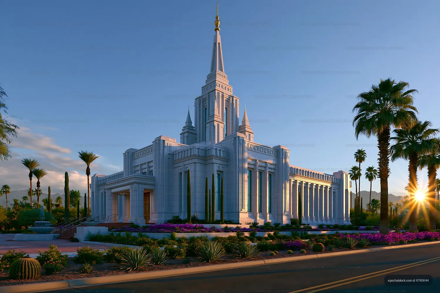 Modern temple with palm trees in the background during sunset