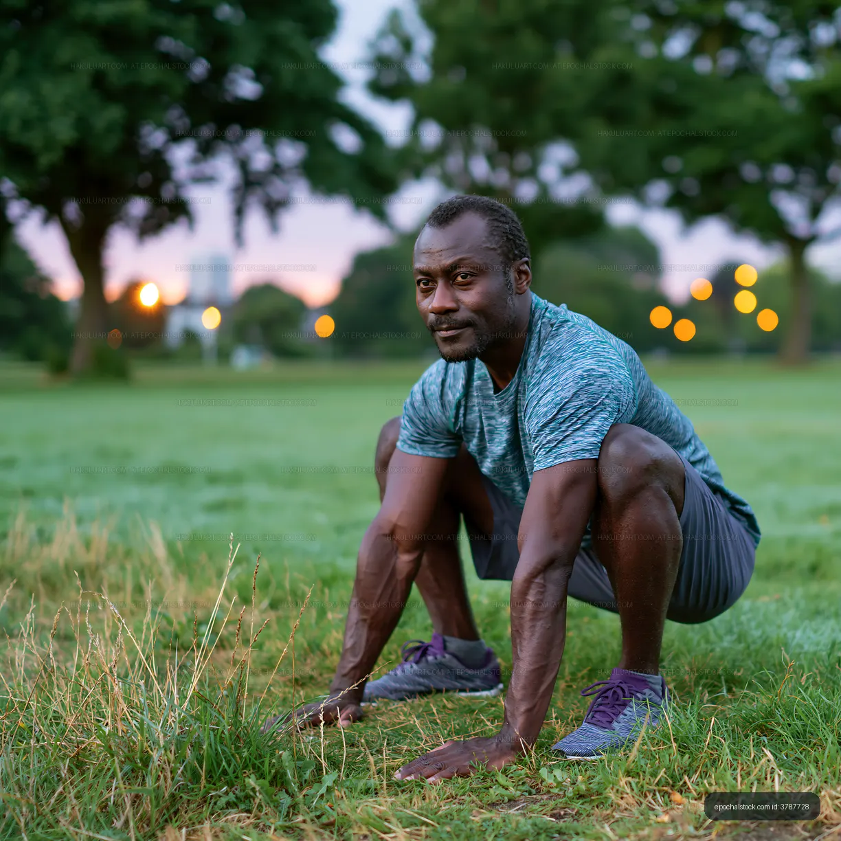 Man exercising in a park during evening hours