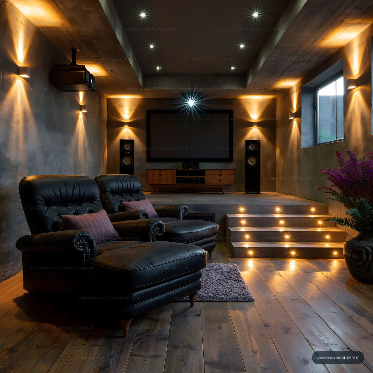 Modern home theater with seating and ambient lighting