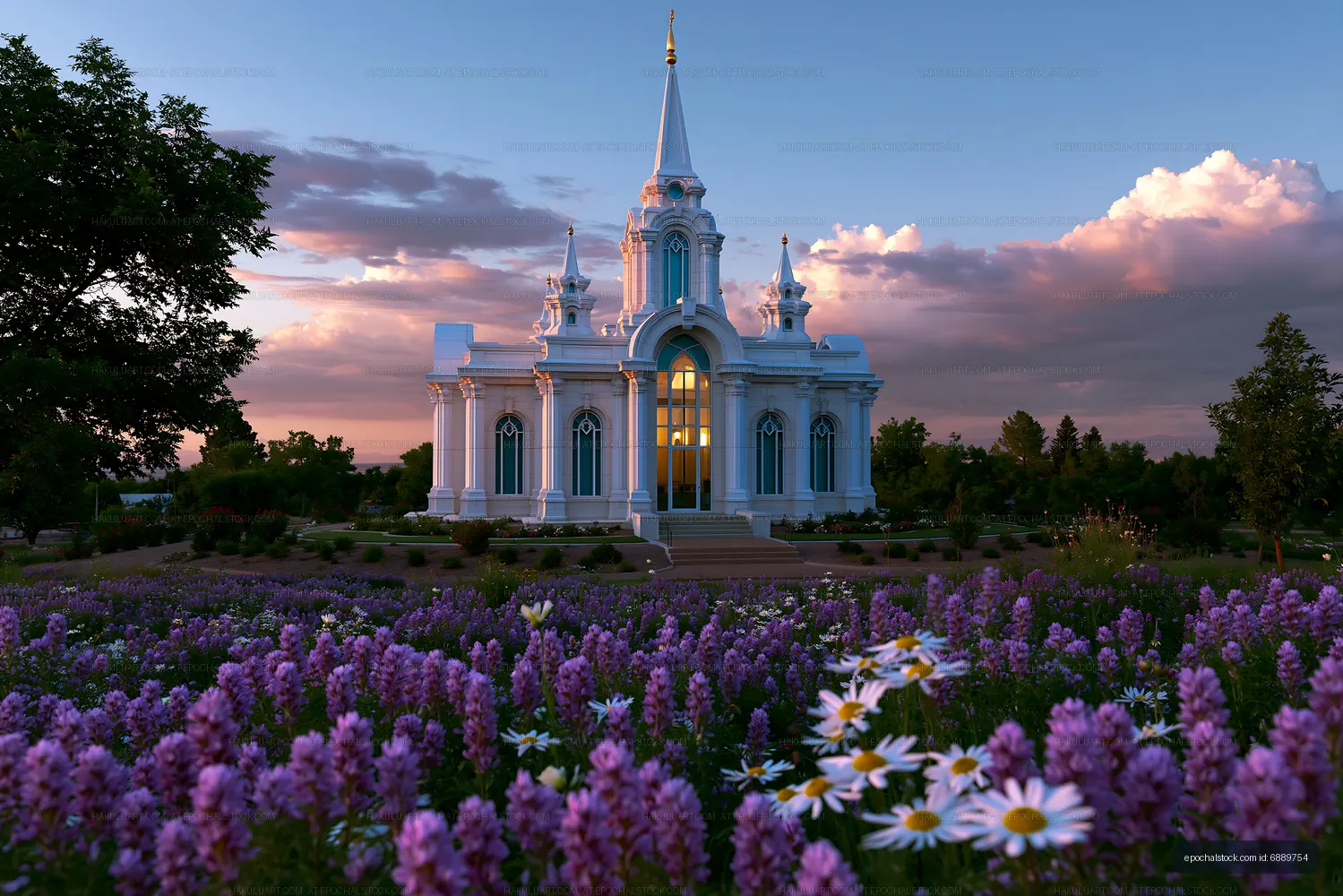 Church surrounded by flowers during sunset