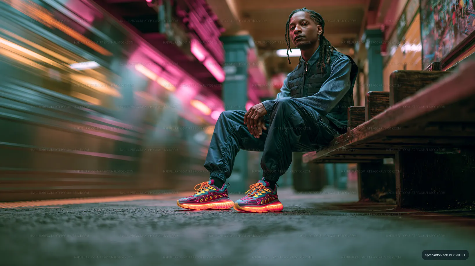 Man sitting on subway platform during train arrival