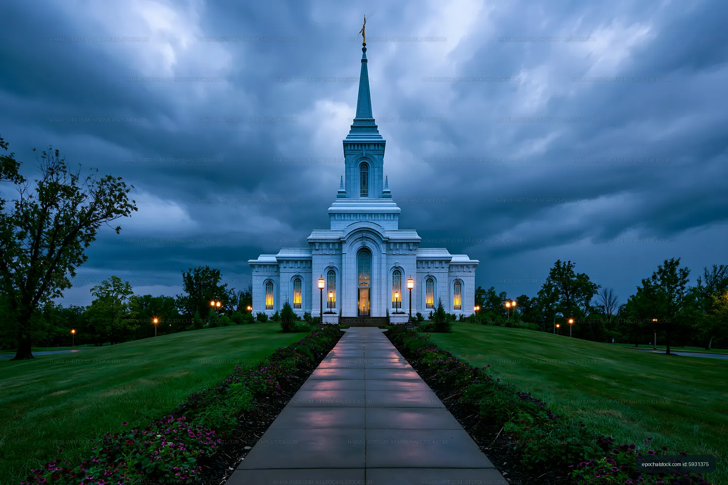 Church building under a cloudy sky at dusk