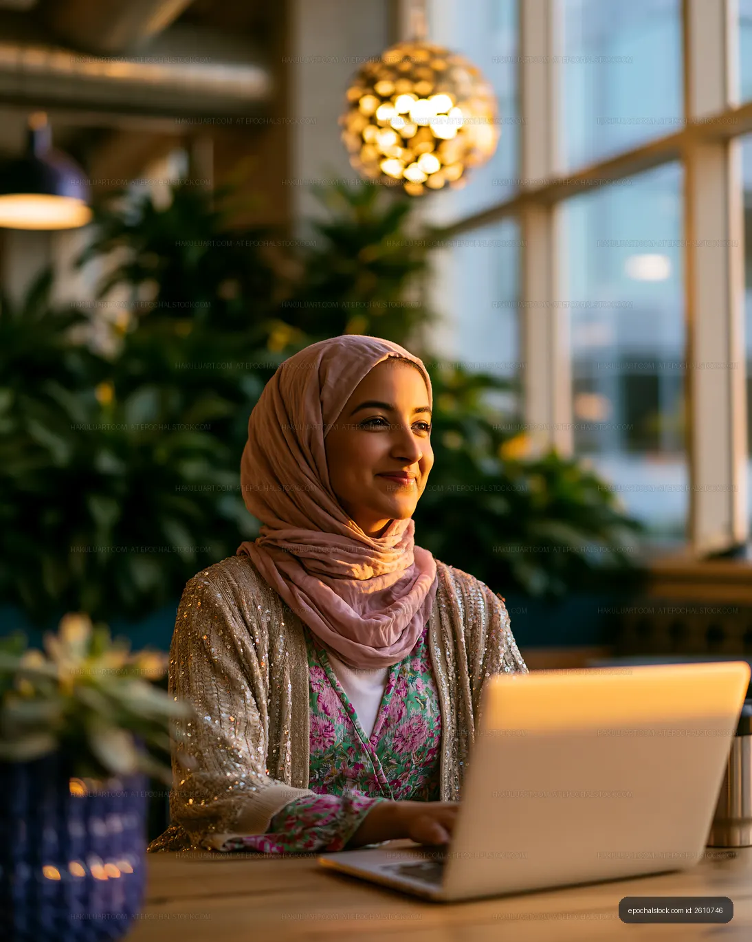 Woman working on laptop in modern cafe with indoor plants