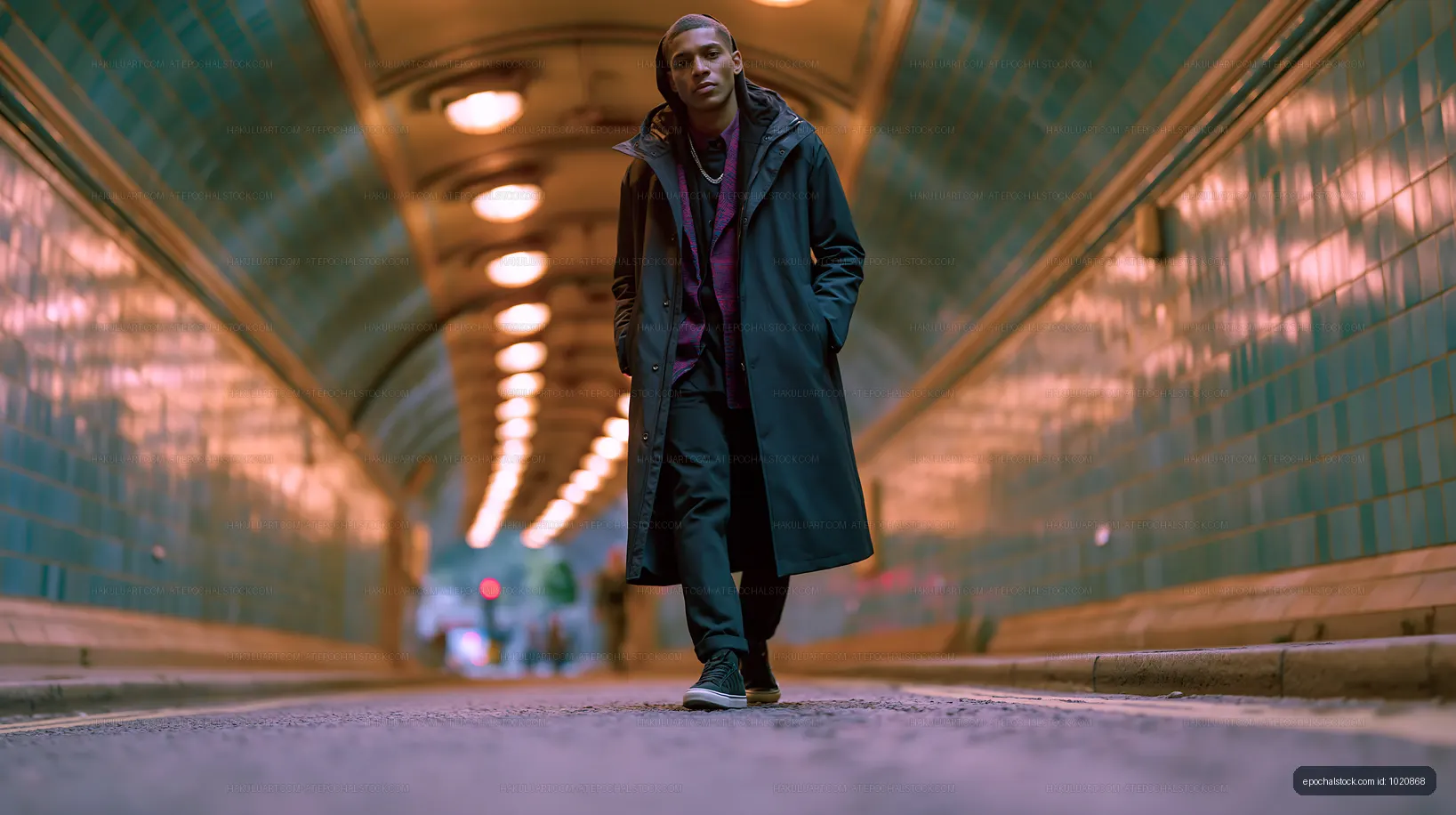 Man walking through a tunnel with blue tiles at night
