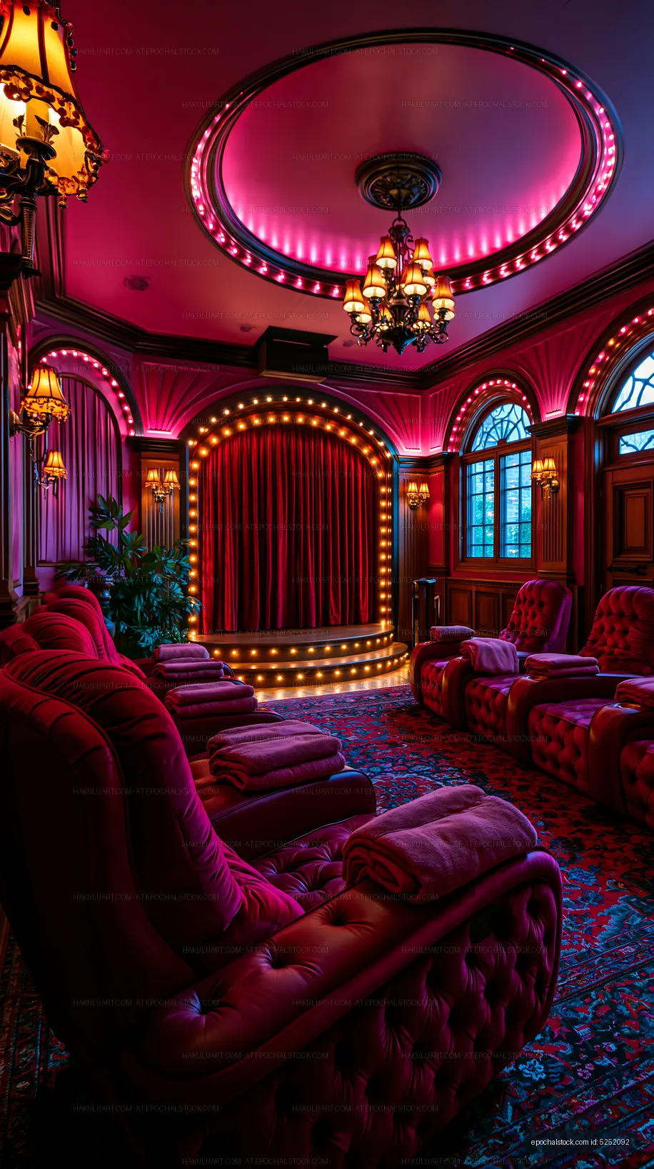 Home theater with red seating and colorful lighting design