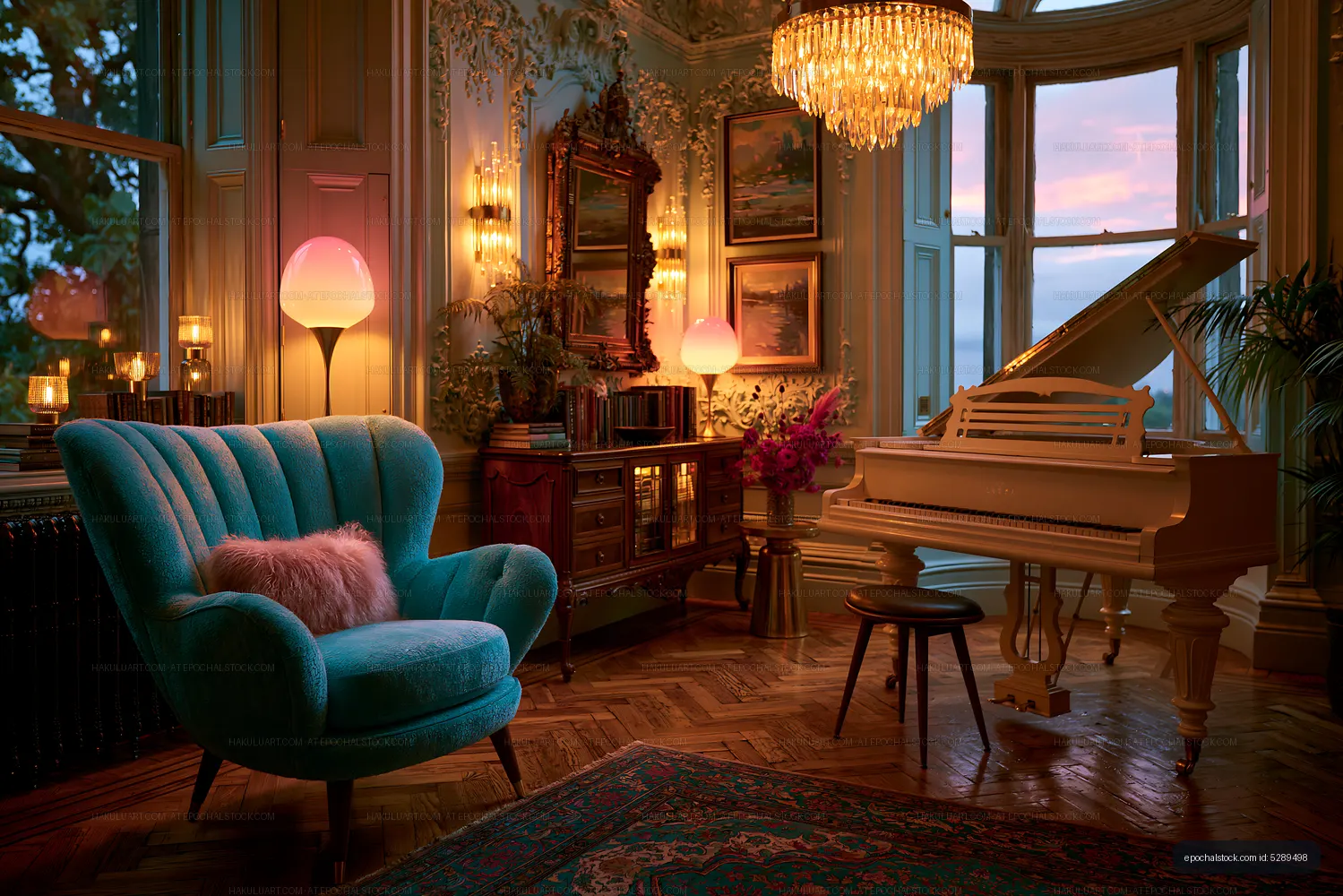 Cozy interior with piano and blue chair in evening light
