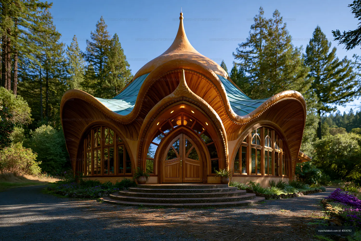Unique wooden building surrounded by trees in a forest