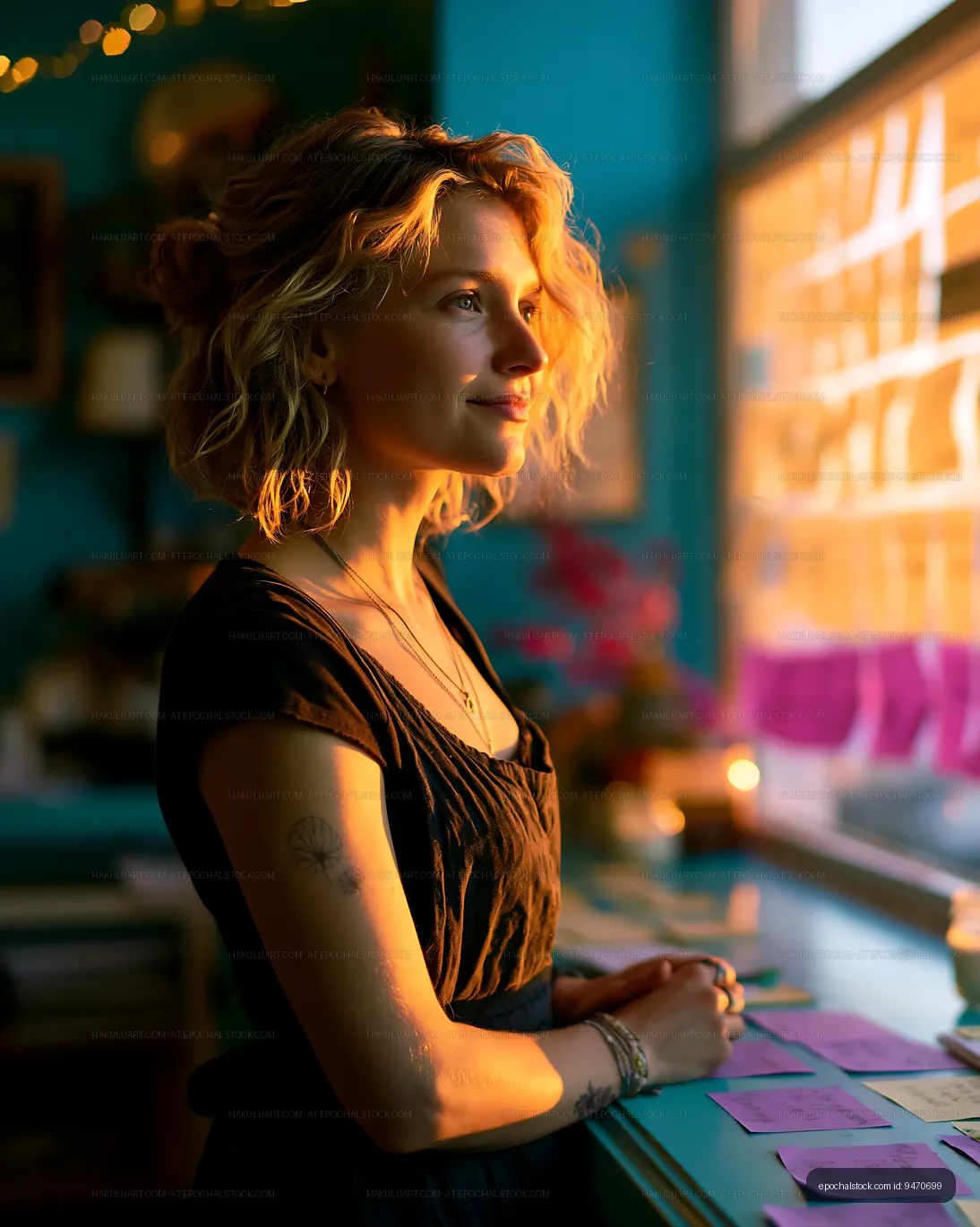 Woman standing by window in bright room during sunset