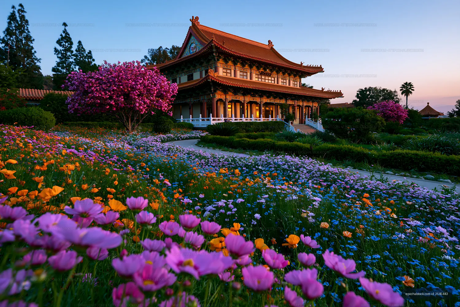 Colorful flowers and a traditional building during sunset