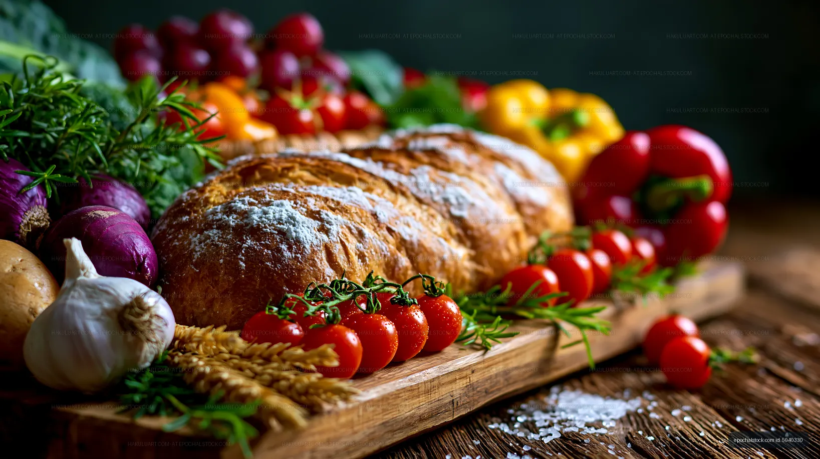 Fresh bread surrounded by various vegetables and herbs