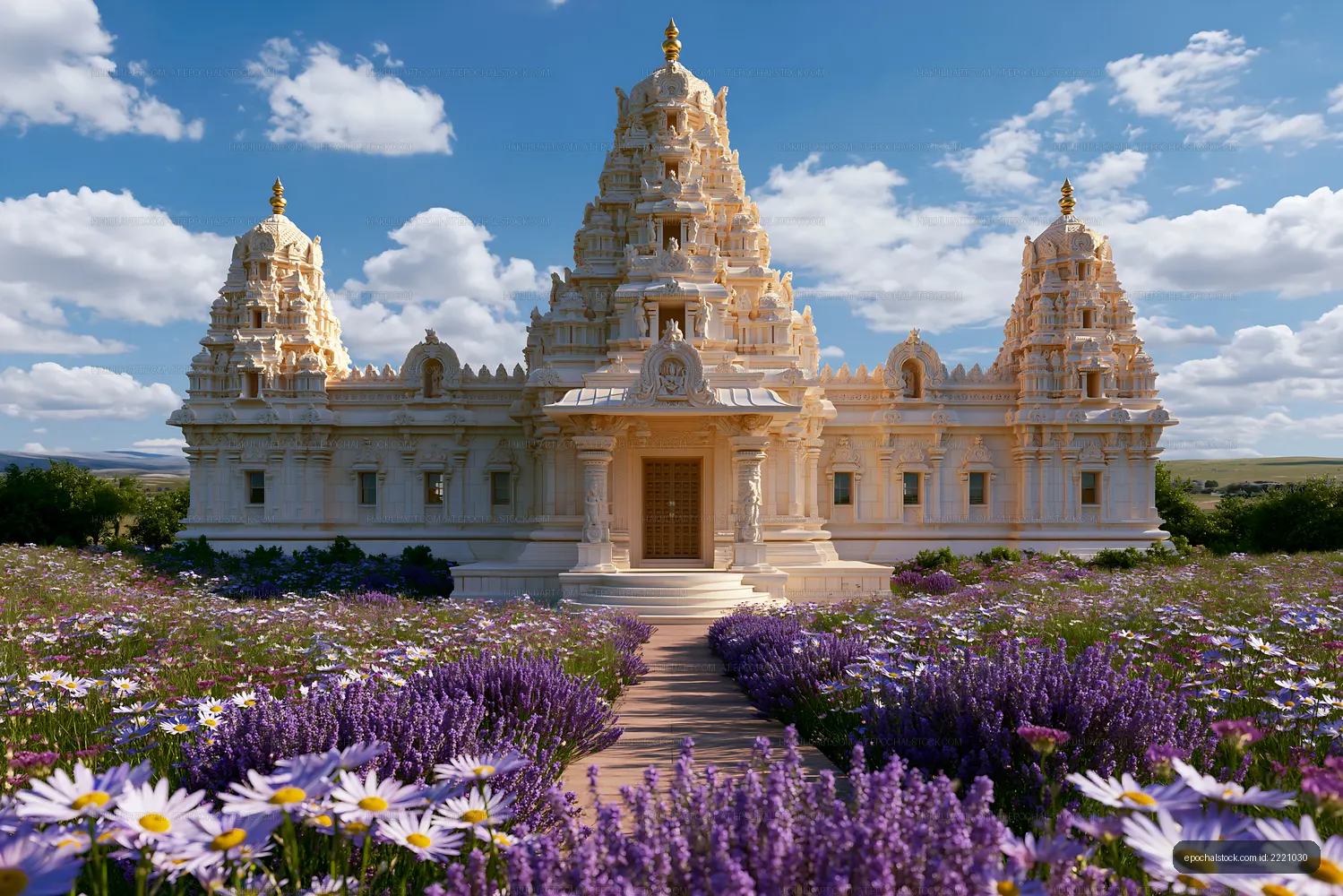 Beautiful temple surrounded by flowers in sunny weather