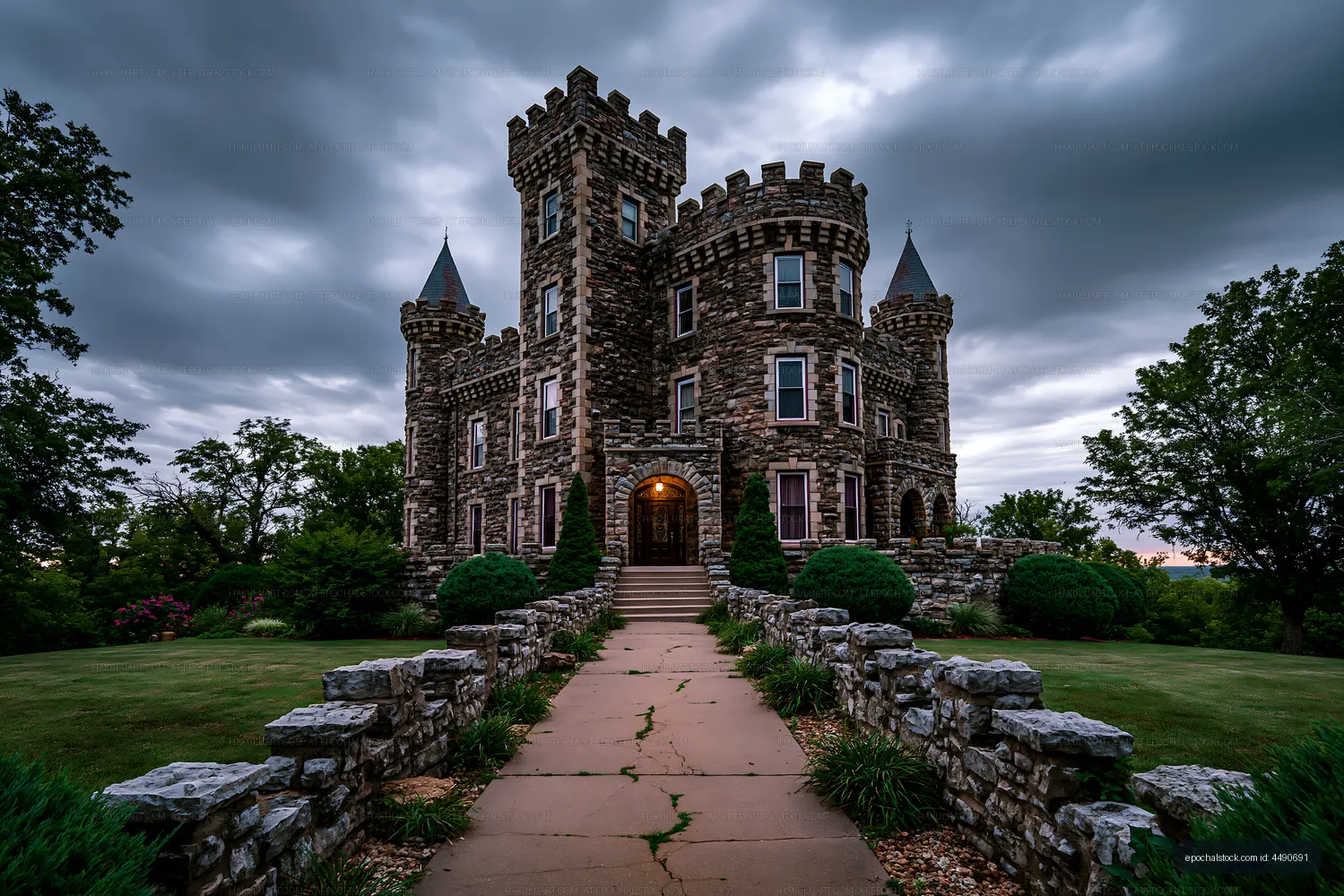 Historic stone castle under moody sky at dusk