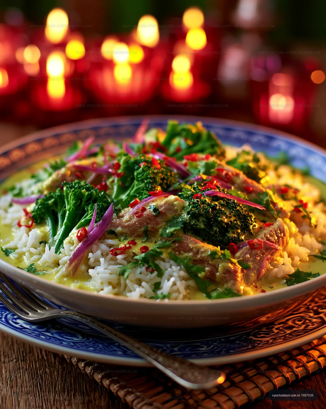 Delicious dish of rice with vegetables and spices served on table