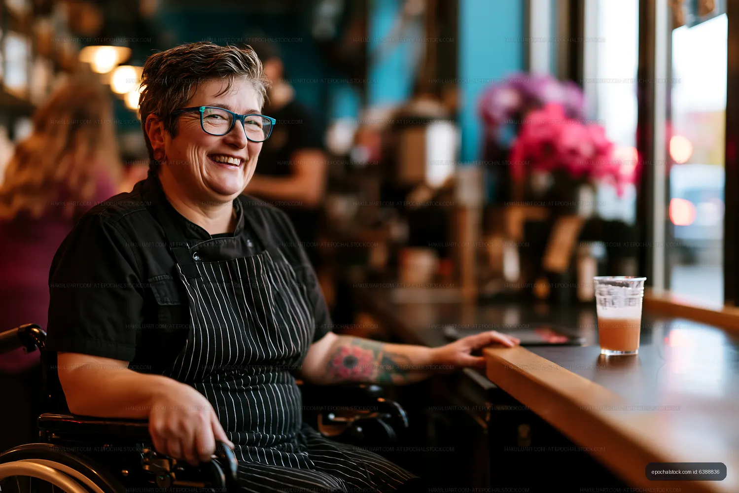 Barista smiling at a cafe while seated in a wheelchair