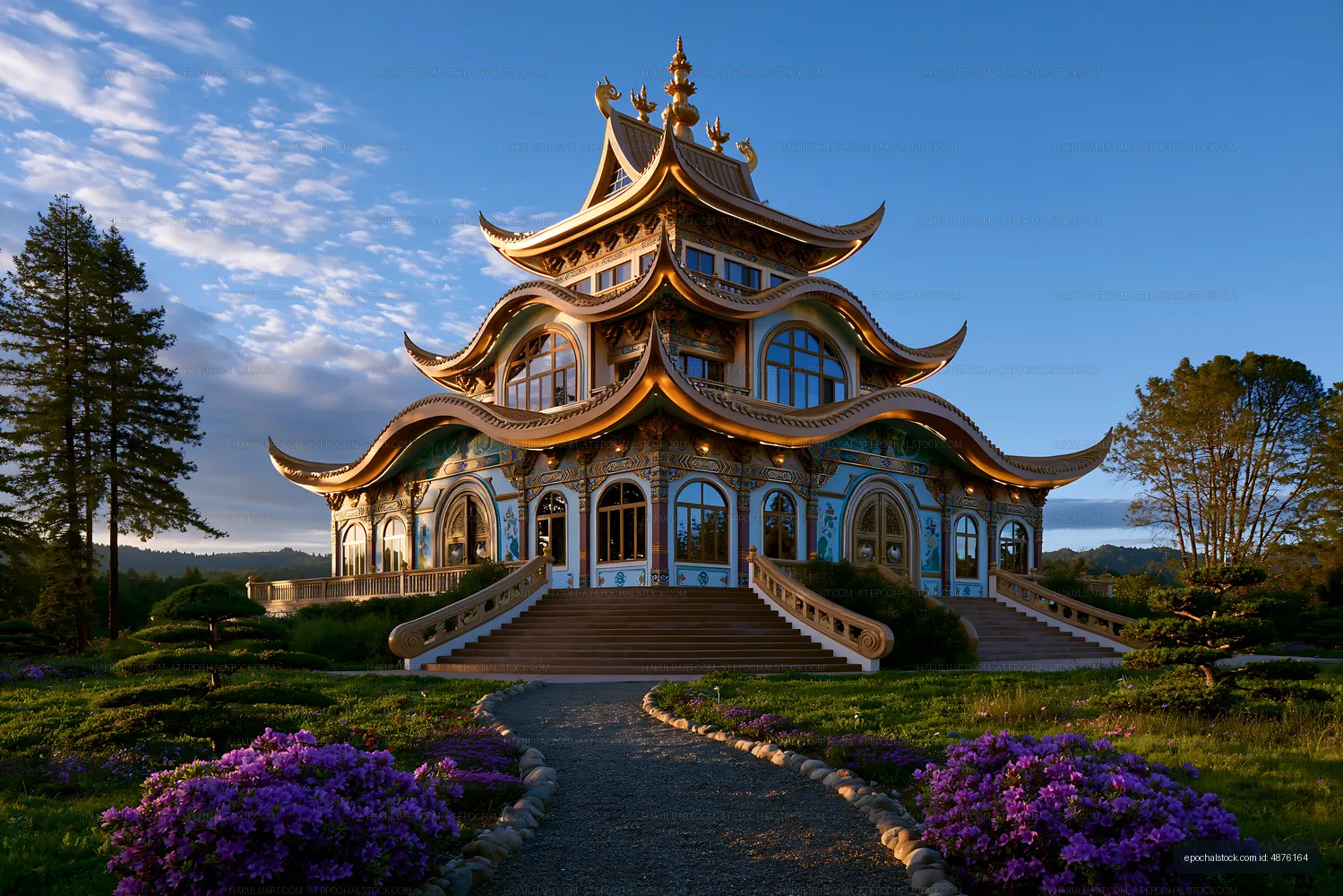 Elegant temple surrounded by gardens at sunset